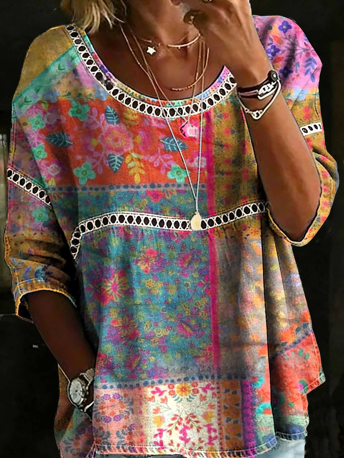 Womens 3D Floral Print Round Neck Dress