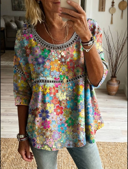 Womens 3D Floral Print Round Neck Dress