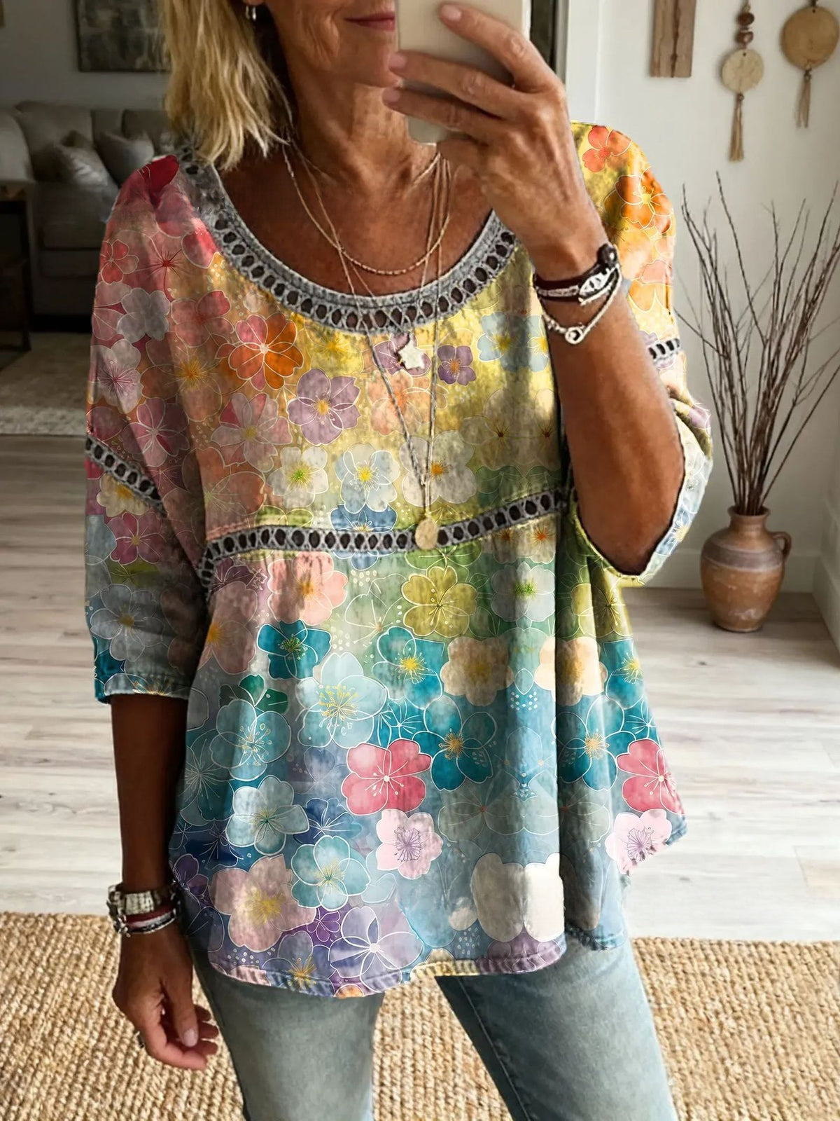 Womens 3D Floral Print Round Neck Dress