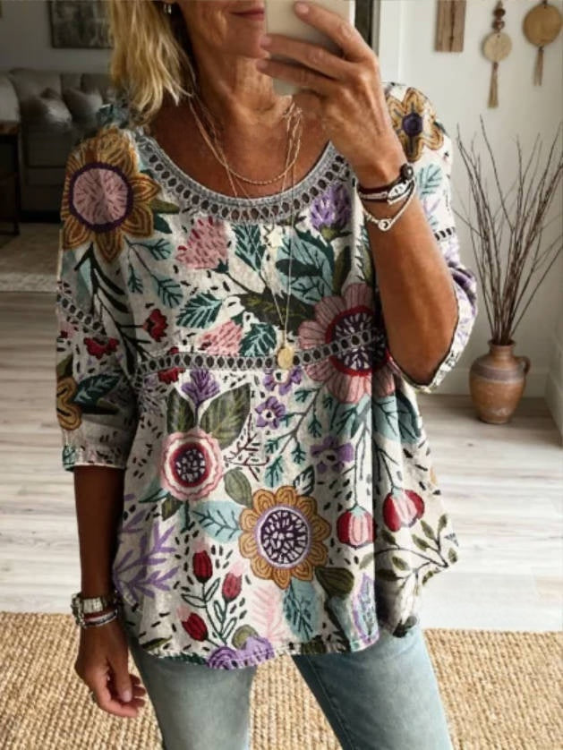 Womens 3D Floral Print Round Neck Dress