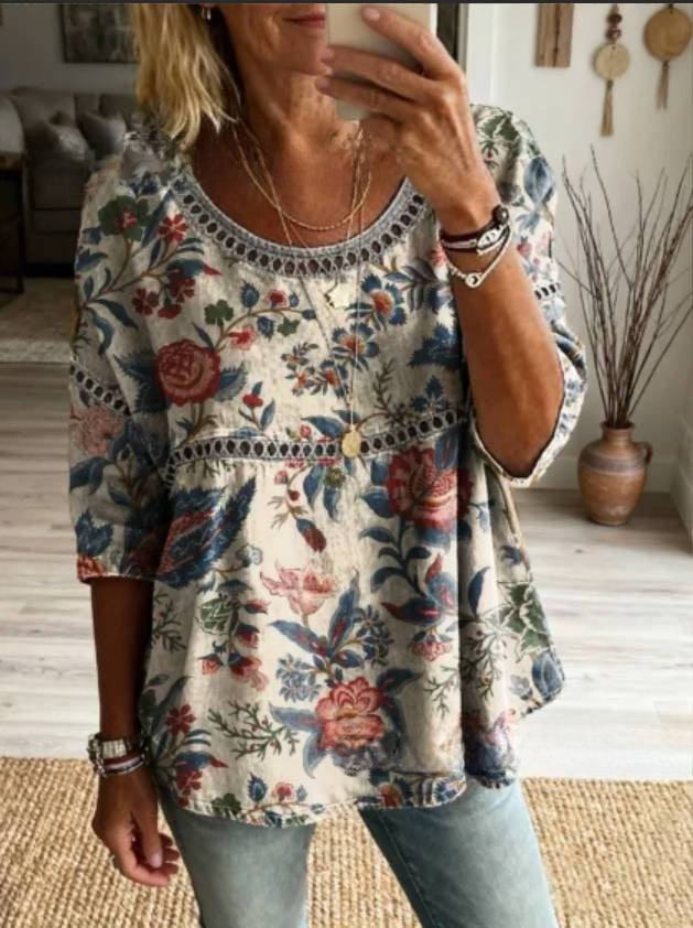 Womens 3D Floral Print Round Neck Dress
