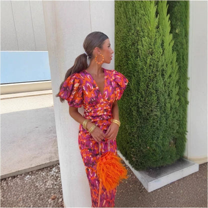 Womens Animal Print V-Neck Puff Sleeve Dress