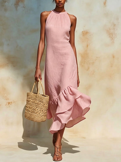 Womens Asymmetrical Hem Linen Dress