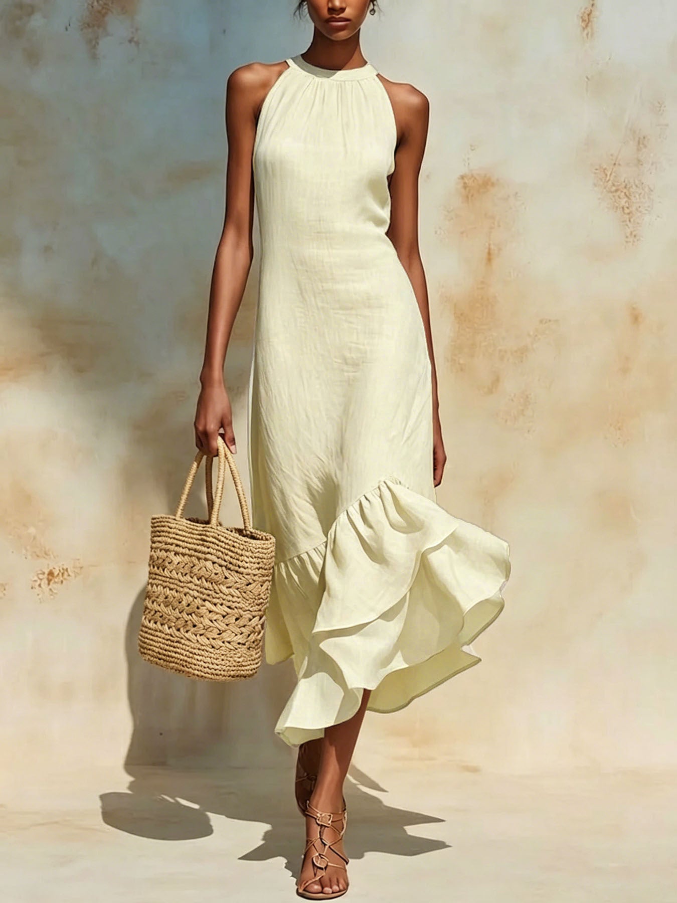 Womens Asymmetrical Hem Linen Dress