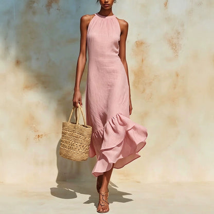 Womens Asymmetrical Hem Linen Dress