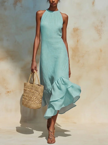 Womens Asymmetrical Hem Linen Dress