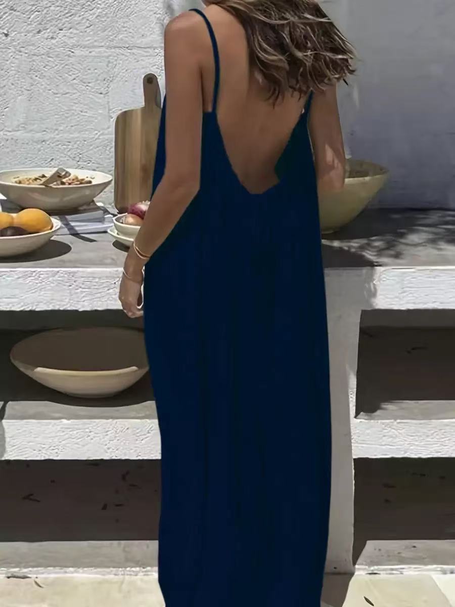 Womens Backless Loose Long Home Dress