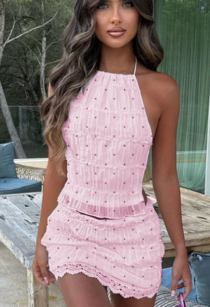 Womens Backless Pleated Two Piece