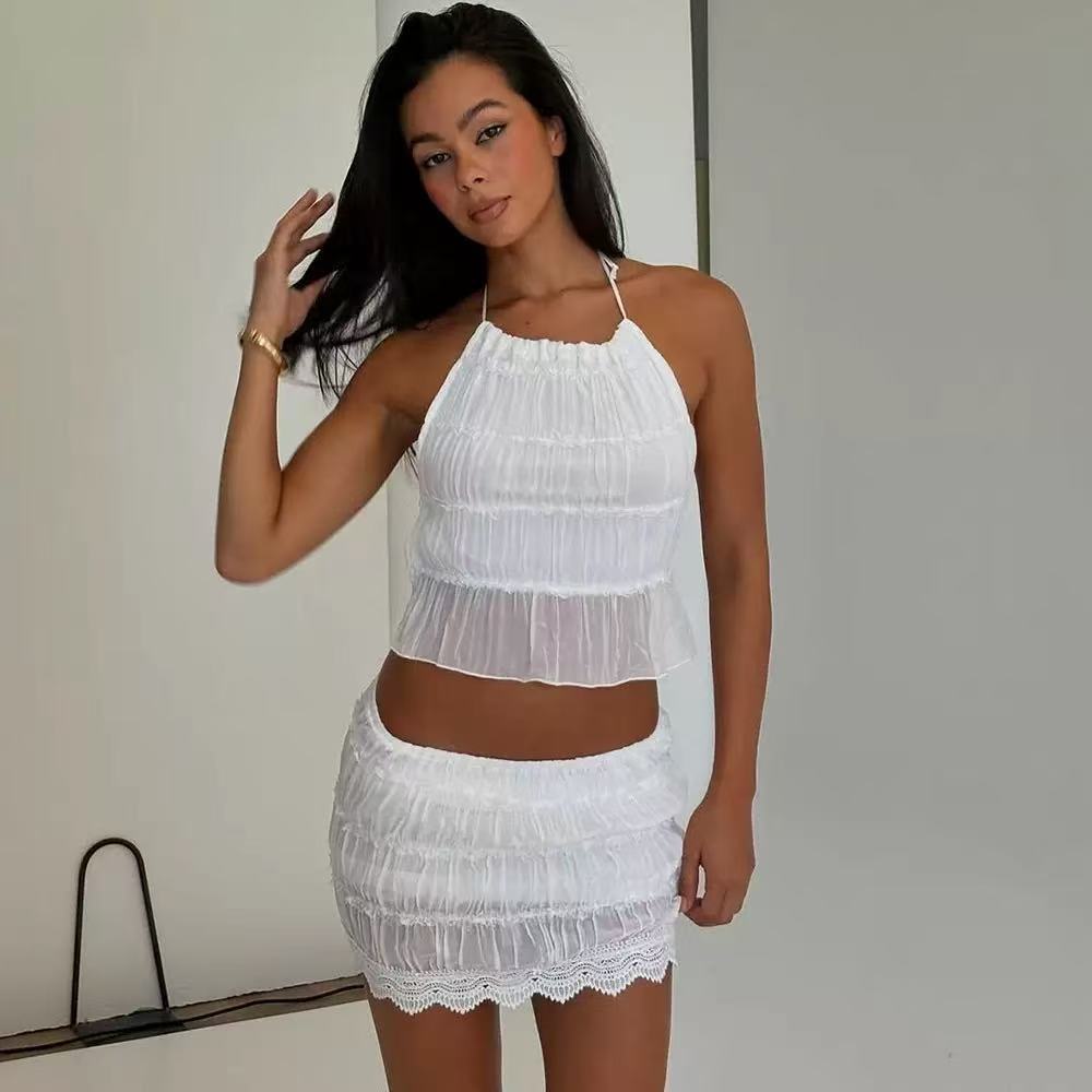 Womens Backless Pleated Two Piece