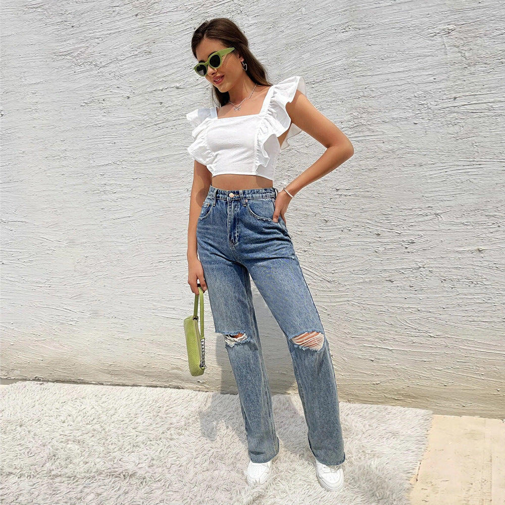 Womens Backless Ruffle Sleeve Top