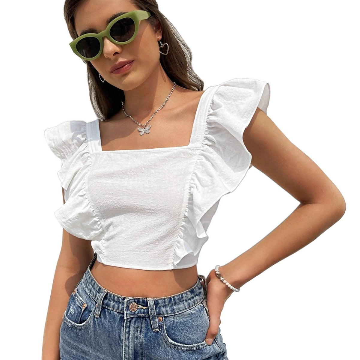 Womens Backless Ruffle Sleeve Top