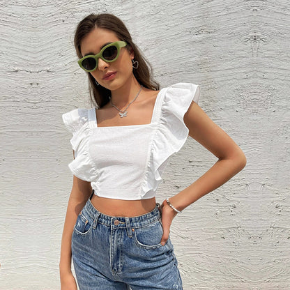Womens Backless Ruffle Sleeve Top