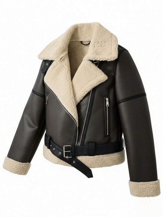 Womens Belted Lapel Faux Leather Fleece Lined Jacket