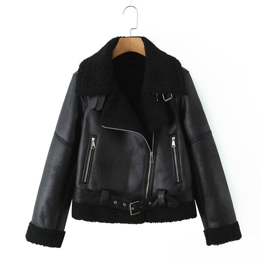Womens Belted Lapel Faux Leather Fleece Lined Jacket
