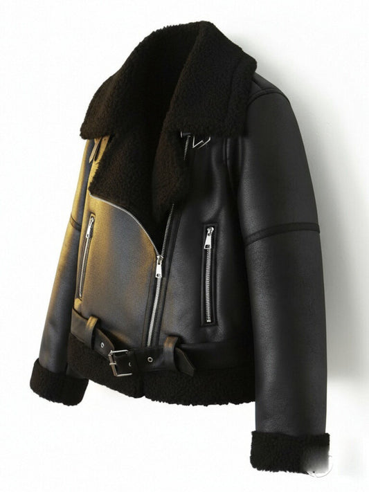 Womens Belted Lapel Faux Leather Fleece Lined Jacket