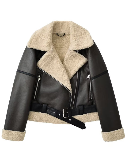 Womens Belted Lapel Faux Leather Fleece Lined Jacket