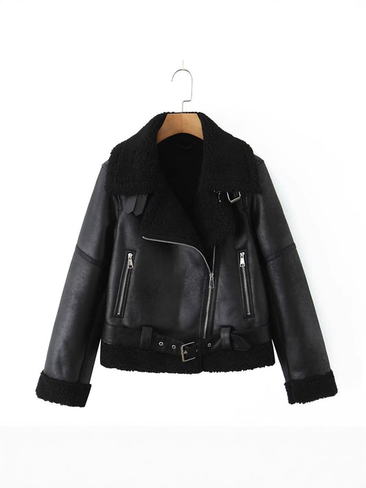 Womens Belted Lapel Faux Leather Fleece Lined Jacket