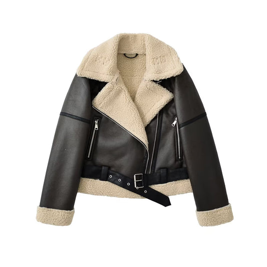 Womens Belted Lapel Faux Leather Fleece Lined Jacket