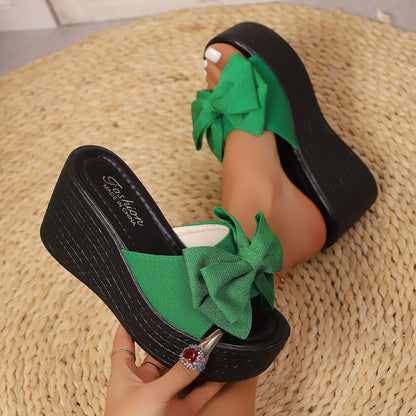 Womens Bow Detail Fish Mouth Wedge Sandals