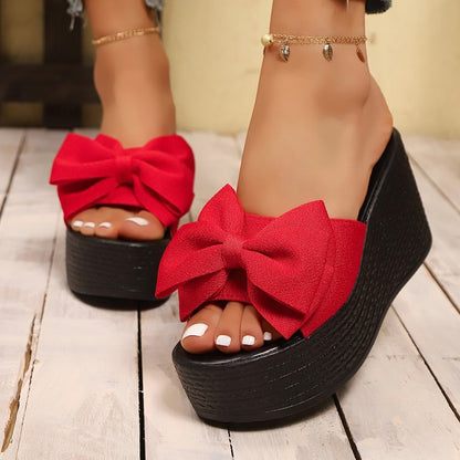 Womens Bow Detail Fish Mouth Wedge Sandals