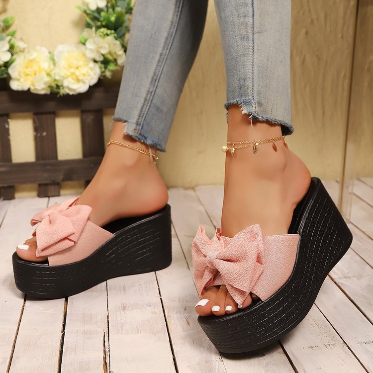 Womens Bow Detail Fish Mouth Wedge Sandals