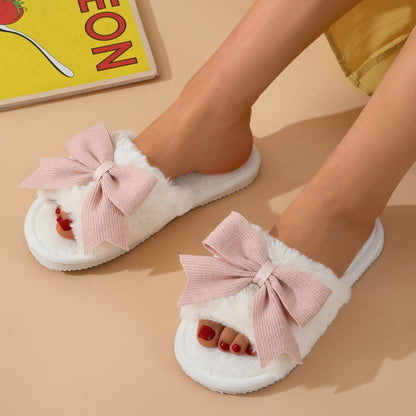 Womens Bow Plush Slippers