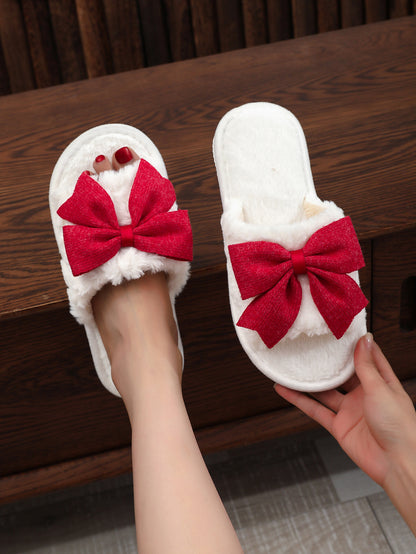 Womens Bow Plush Slippers