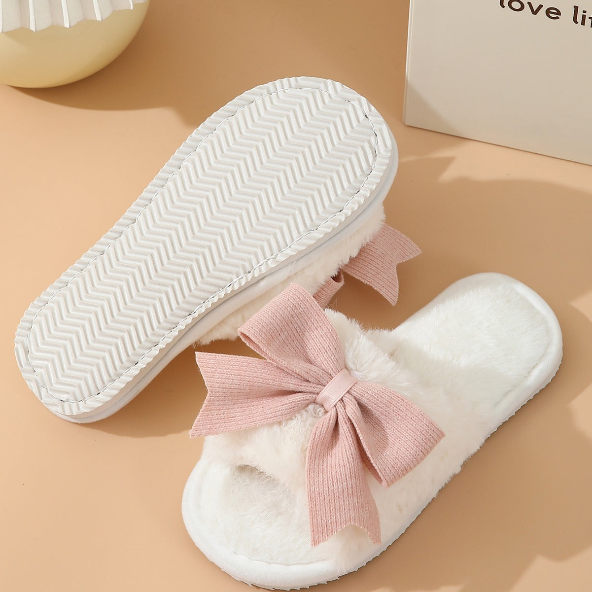 Womens Bow Plush Slippers