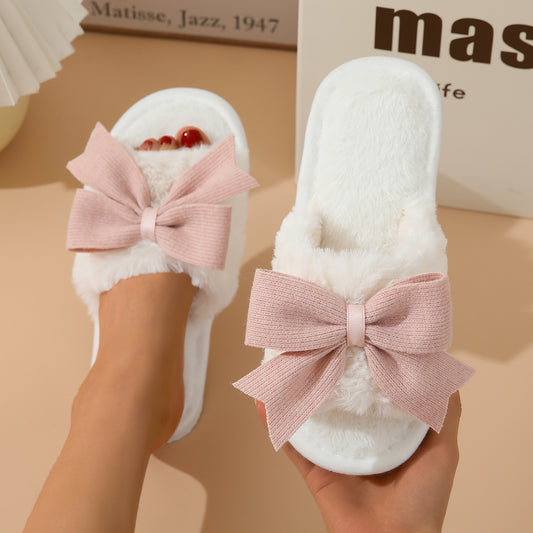 Womens Bow Plush Slippers