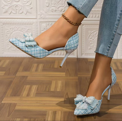 Womens Bow Rhinestone Stiletto Heel Sandals