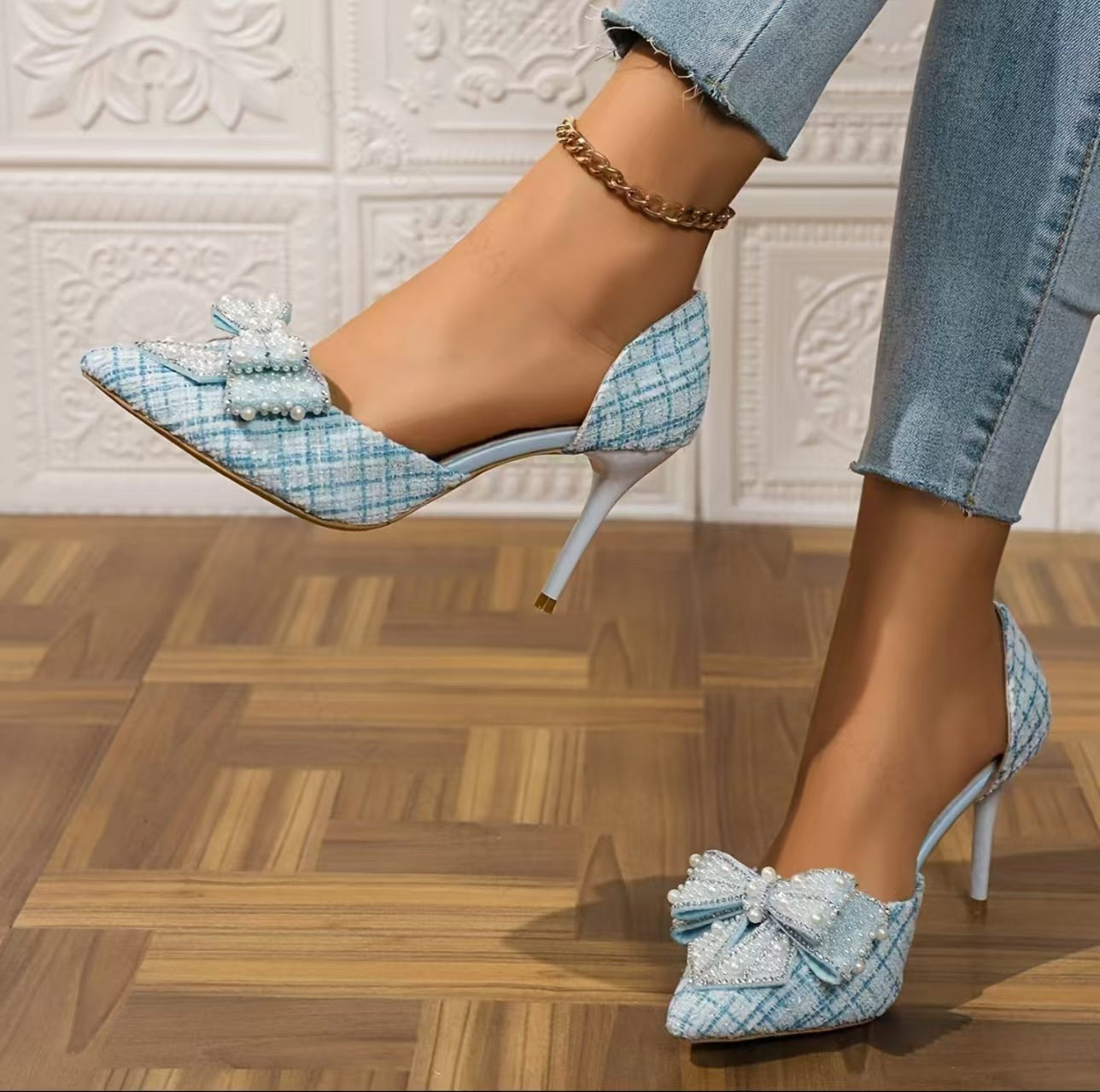 Womens Bow Rhinestone Stiletto Heel Sandals
