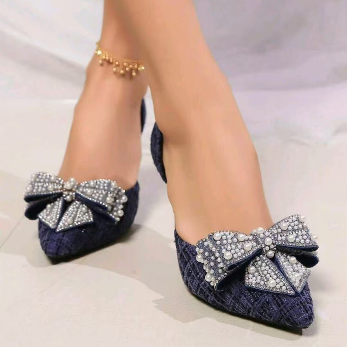 Womens Bow Rhinestone Stiletto Heel Sandals
