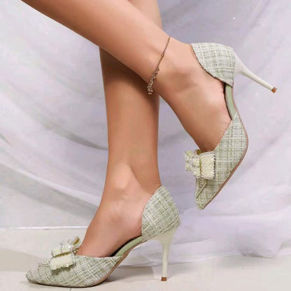 Womens Bow Rhinestone Stiletto Heel Sandals