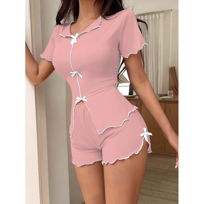 Womens Bowknot Short-Sleeve Pajama Set