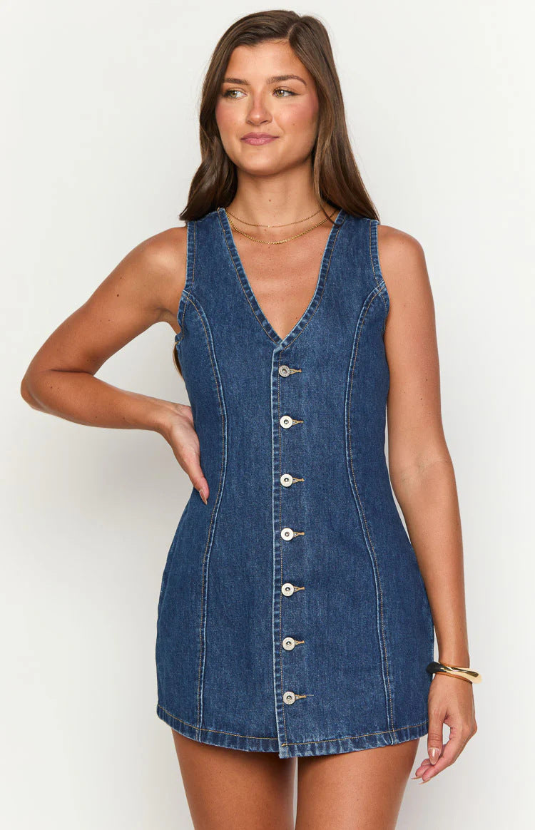 Womens Button Placket Denim Dress