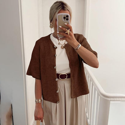 Womens Button Short Sleeve Knit Cardigan