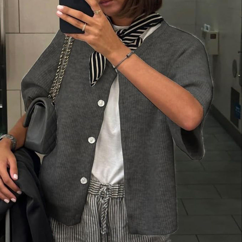 Womens Button Short Sleeve Knit Cardigan