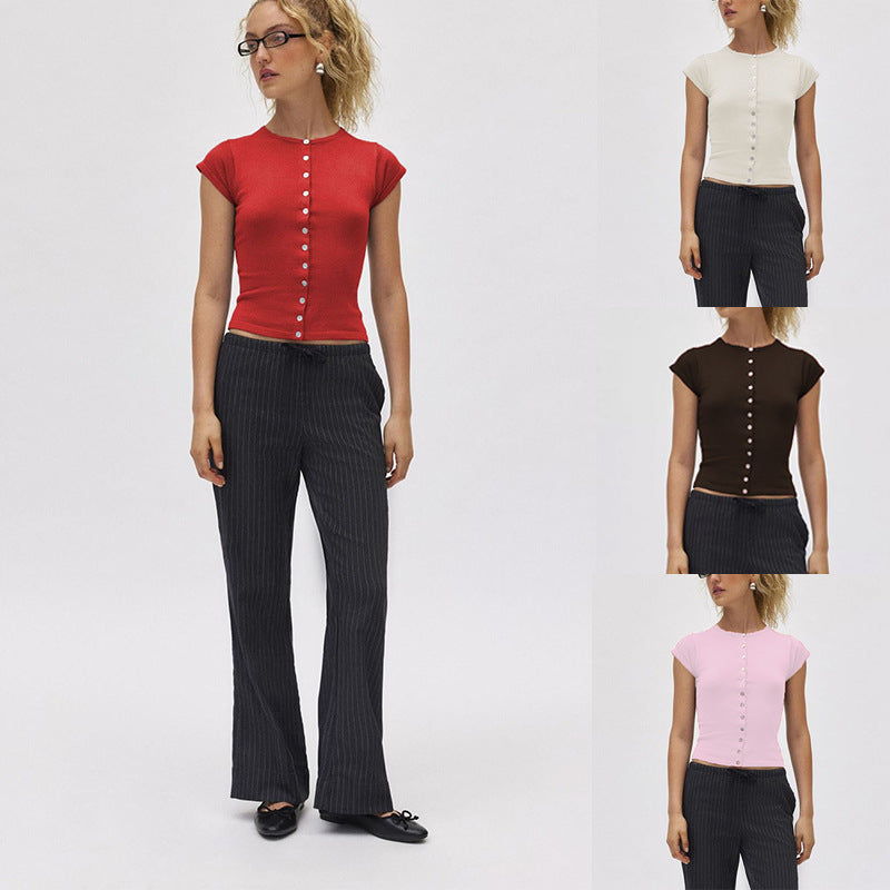 Womens Button-Up Short Sleeve Sweater