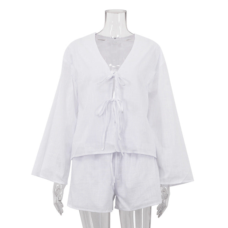 Womens Casual Cotton Cardigan and Shorts Set
