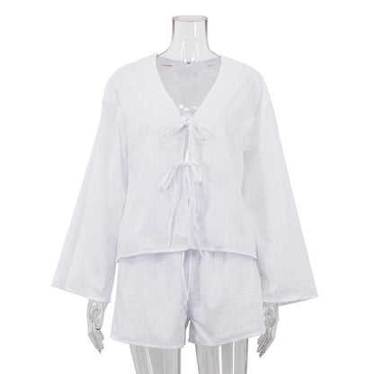Womens Casual Cotton Cardigan and Shorts Set