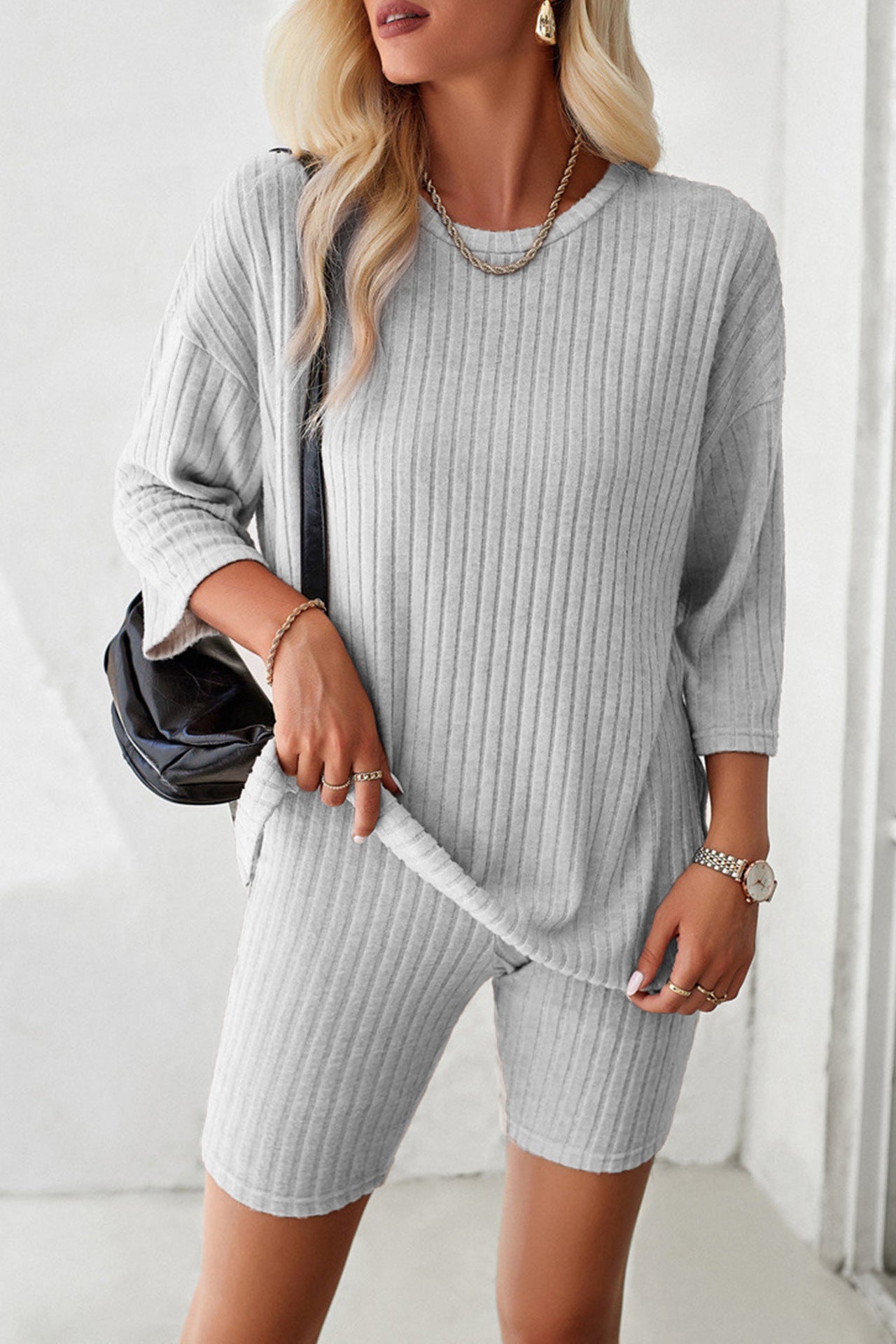 Womens Casual Round Neck Top and Shorts Set