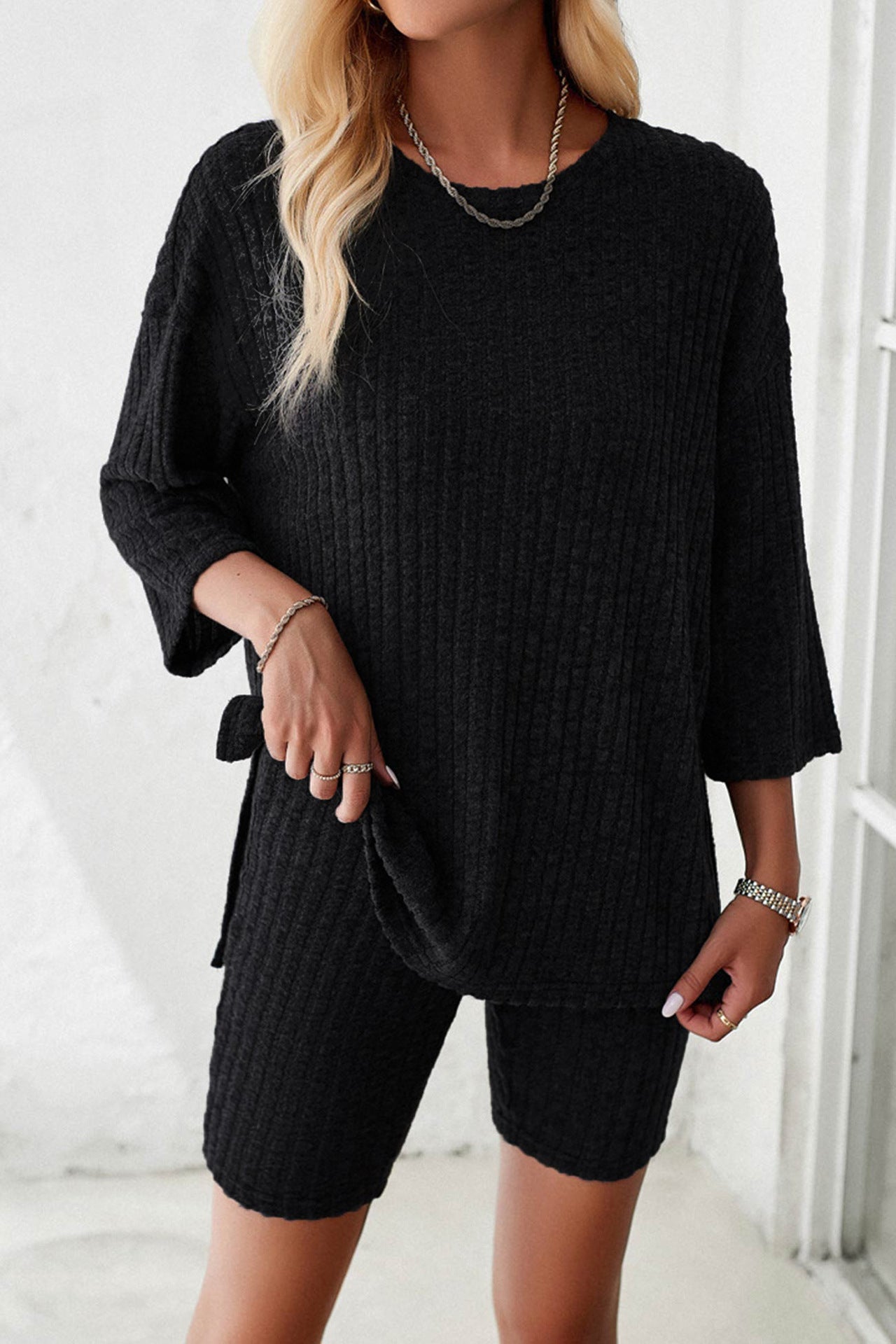 Womens Casual Round Neck Top and Shorts Set