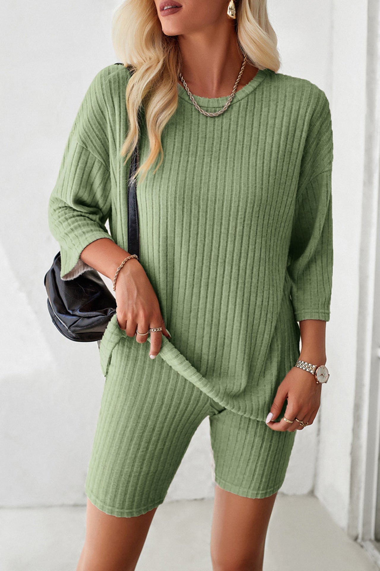 Womens Casual Round Neck Top and Shorts Set