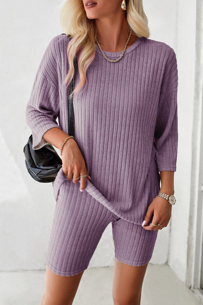 Womens Casual Round Neck Top and Shorts Set