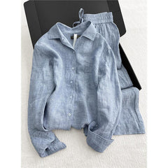 Blue shirt wide-leg pants