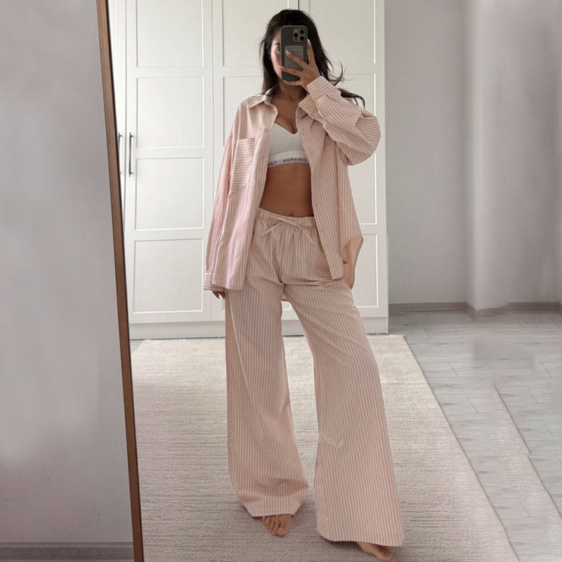 Womens Casual Striped Long Sleeve Pants Set