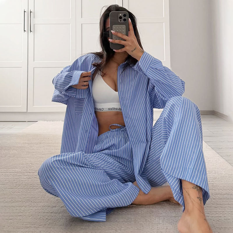 Womens Casual Striped Long Sleeve Pants Set