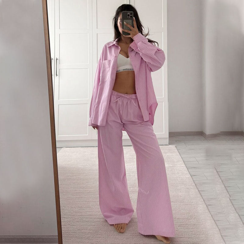 Womens Casual Striped Long Sleeve Pants Set