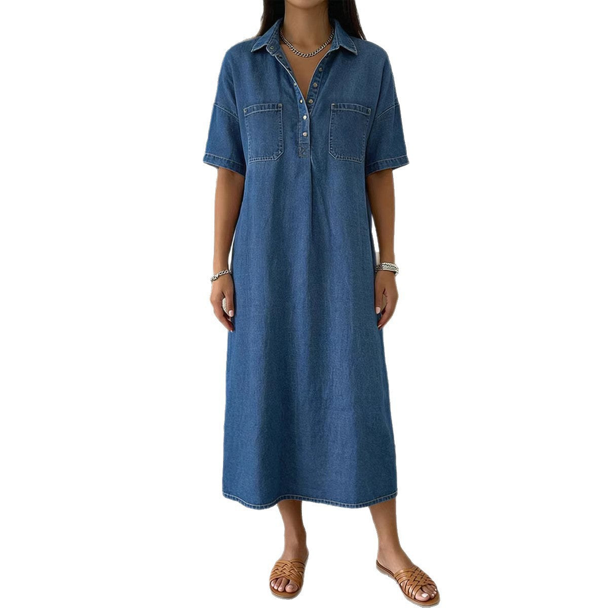 Womens Casual V-Neck Denim Dress
