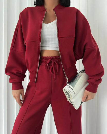 Womens Casual Zipper Jacket and Trousers Set